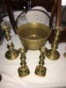 A Victorian brass jam pan & 2 pairs of candlesticks