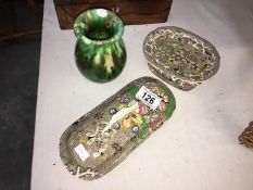 A Victorian pottery soap dish, a toothbrush holder & Vallauris French pottery vase