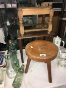 2 old wooden stools and a wooden table