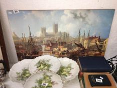 A print on board of Lincoln Cathedral from the Brayford