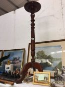 A dark wood stained torchere stand