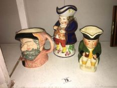 A Doulton Falstaff character jug and 2 Toby jugs