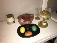 A quantity of alabaster items including ash tray,