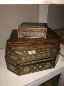 3 Middle Eastern inlaid boxes including mother of pearl (1 a/f)