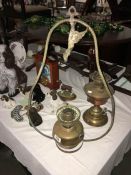 A Victorian hanging brass oil lamp and Victorian copper oil lamp