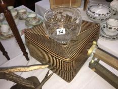 A cut glass bowl marked Stuart and a straw work box