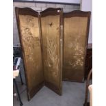 A late Victorian 3 fold screen with oriental covering a/f