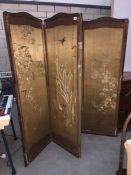 A late Victorian 3 fold screen with oriental covering a/f