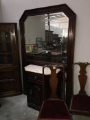 Cut-glass mirror-back overmantle with marble-top cupboard