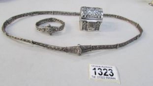 A white metal necklace with matching bracelet (possibly Persian) and a white metal ring box with