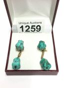 A pair of retro turquoise stone ear pendants, post-in clip 14ct gold,