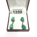 A pair of retro turquoise stone ear pendants, post-in clip 14ct gold,