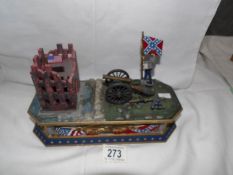 A cast iron mechanical money box depicting the American civil war,