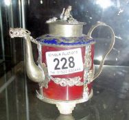 A fine cloissonne white metal and jade miniature teapot (12cm high) decorated in relief with dragon,