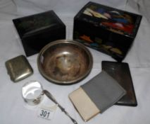 2 lacquered boxes (one containing costume jewellery) and items of silver plate including dish,
