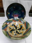 An unusual hand painted bowl on pewter base and a pottery bowl (signed)