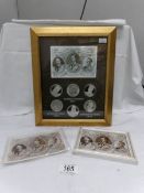 A framed and glazed 'The Three Kings' coin collection together with a framed postcard bearing a