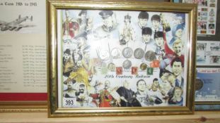 A framed and glazed 20th century Britain coin and stamp collage