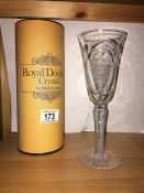 A boxed fine Webb Corbett Royal Doulton air twist stem glass celebrating the 60th birthday of HRH