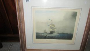 A framed and glazed engraving reprint entitled 'Homeward Bound Passing the Light Ship,