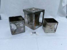 A silver plate 3 pieces tea set by Cube Teapots Ltd consisting of a teapot,