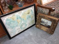 A gilt framed Maritime print and print of map Central Hemisphere