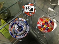 3 glass paperweights including millifiori