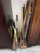 Vintage croquet mallets and tennis rakcets in cases etc