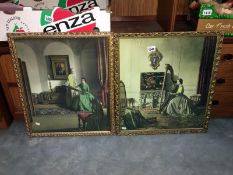 2 pictures after Campbell Taylor of a lady playing harp and 2 ladies making a tapestry