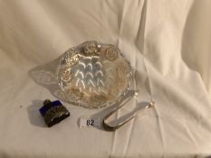 A pair of silver sugar nips, A Quist bowl and a perfume bottle