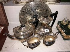 A 4 piece silver plate tea set and tray