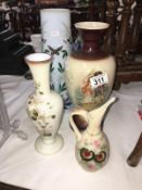 4 19th century hand painted glass vases