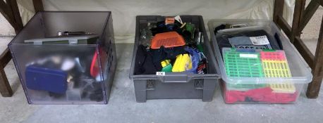 3 boxes of fishing tackle and related items including clothing