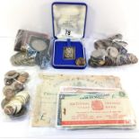 A box containing pre-decimal and early decimal English coins including 12 crowns and a sterling