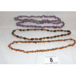 3 vintage necklaces, amethyst, amber and one other