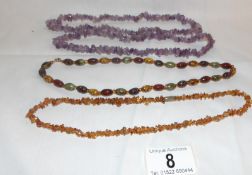 3 vintage necklaces, amethyst, amber and one other