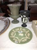 A black basalt Wedgwood vase and 2 other items
