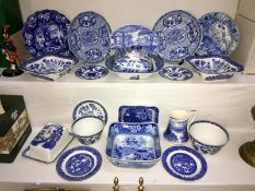 19 pieces of blue and white china including Meakin, Adams, Copeland Spode etc, some a/f