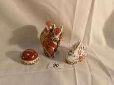 3 Royal Crown Derby figures being Squirrel, Rabbit and Ladybird