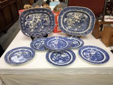 2 large 19th century meat platters and 7 19th century blue and white willow pattern plates