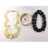 A Mother of Pearl necklace, agate necklace & ivory bangle