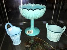 A 19th century blue glass bowl and 2 baskets