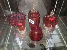 6 pieces of cranberry glass, some a/f