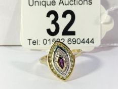 A 9ct citrine, amethyst and diamond yellow gold ring, size S