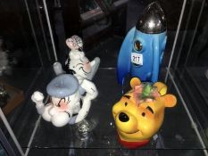 A Cardew small rocket and Winnie the Pooh tea pots together with 2 miniature Popeye teapots