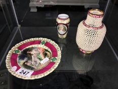 A Vienna plate, a pierced vase and a small vase