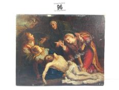 An oil on panel with label on reverse that reads 'Rembrandt, Our Saviour being taken down from the