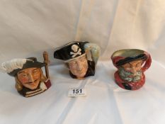 3 medium Royal Doulton character jugs, Falstaff, Long John Silver and Aramis