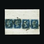 Great Britain - QV (line engraved) : (SG (5)) 1840 2d deep blue, plate 2, horizontal strip of 4,