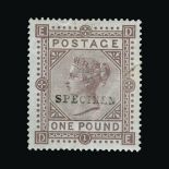 Great Britain - QV (surface printed) : (SG 136s) 1867-83 wmk Anchor £1 brown-lilac, DE, ovptd.